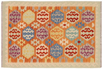 Flat Weave Kilim, Antique, Navaho, Vintage, Handmade, Geometric Kilim Rust Beige Hand-Woven Rectangle 100% Wool Area Rug 3 x 5